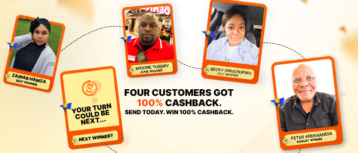 Cashback Craze celebrates Peter Arekhandia as the 4th winner of 100% cashback, alongside previous winners Zainab Hamza, Maxime Thierry, and Becky Onuchukwu. Four customers have won 100% cashback, and the campaign invites others to send money for a chance to win.